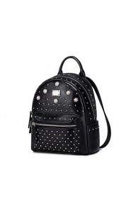 Real Genuine Leather Backpack Bag School Travel Punk Rivet Rhinestone Pearl Flowers