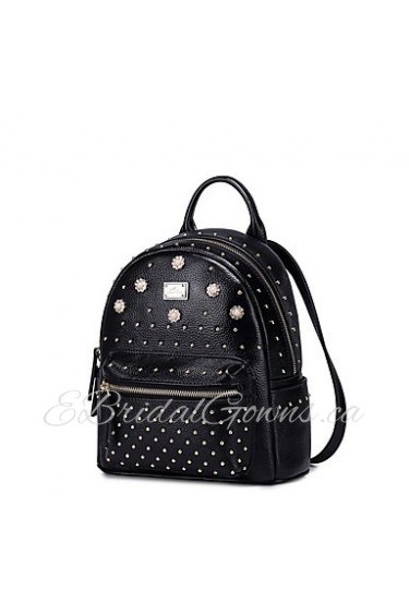 Real Genuine Leather Backpack Bag School Travel Punk Rivet Rhinestone Pearl Flowers