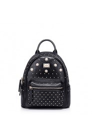 Real Genuine Leather Backpack Bag School Travel Punk Rivet Rhinestone Pearl Flowers