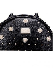 Real Genuine Leather Backpack Bag School Travel Punk Rivet Rhinestone Pearl Flowers