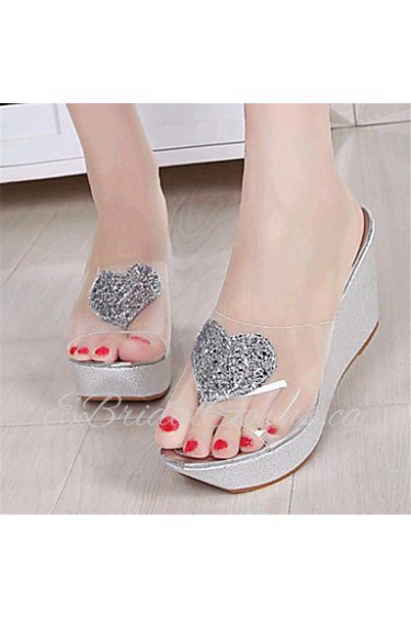 Women's Shoes Leatherette Wedge Heel Wedges / Slippers Sandals Casual Silver / Gold