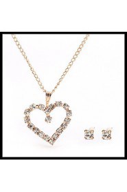 Small Delicate Gold Chain Crystal Necklace Heart Pendant with Stud Earrings Women's Jewelry set