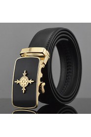 Men Fashion Automatic Buckle Genuine Leather Wide Belt,Work/ Casual Gold/ Silver