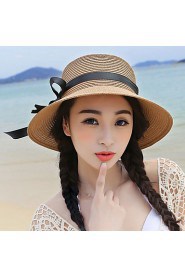 Women Cute Casual Seaside Summer Beach Straw Curling Ribbon Bow Holiday Hat
