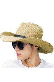 Men Summer Solid Straw Leather Belt Wide Brim Foldable Straw Sun Hat with Drawstring