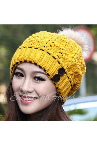 Women Casual Knitting Wool Button Thick Warm Cap