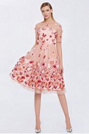 Short Sleeve Scoop A-line Cocktail Party Dress Knee-length