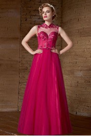 V-neck Floor-length Sleeveless Tulle Formal Prom / Evening Dress