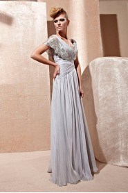 V-neck Floor-length Short Sleeve Chiffon Formal Prom / Evening Dress