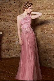 One Shoulder Floor-length Short Sleeve Tulle Formal Prom / Evening Dress