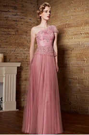 One Shoulder Floor-length Short Sleeve Tulle Formal Prom / Evening Dress