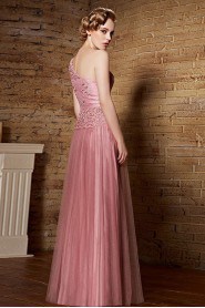 One Shoulder Floor-length Short Sleeve Tulle Formal Prom / Evening Dress
