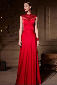 High Neck Floor-length Sleeveless Satin Formal Prom / Evening Dress