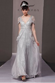 V-neck Floor-length Short Sleeve Tulle Formal Prom / Evening Dress