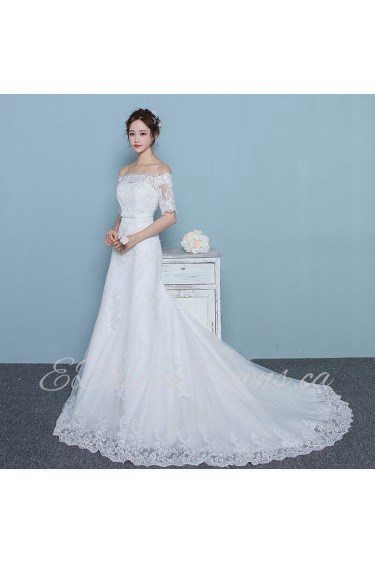 A-line Off-the-shoulder Half Sleeve Wedding Dress with Flower(s)