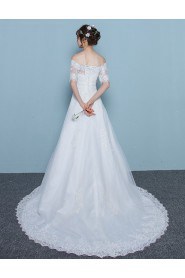 A-line Off-the-shoulder Half Sleeve Wedding Dress with Flower(s)