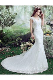 Trumpet / Mermaid V-neck Cap Sleeve Wedding Dress with Crystal