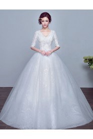 Ball Gown V-neck Half Sleeve Wedding Dress with Flower(s)